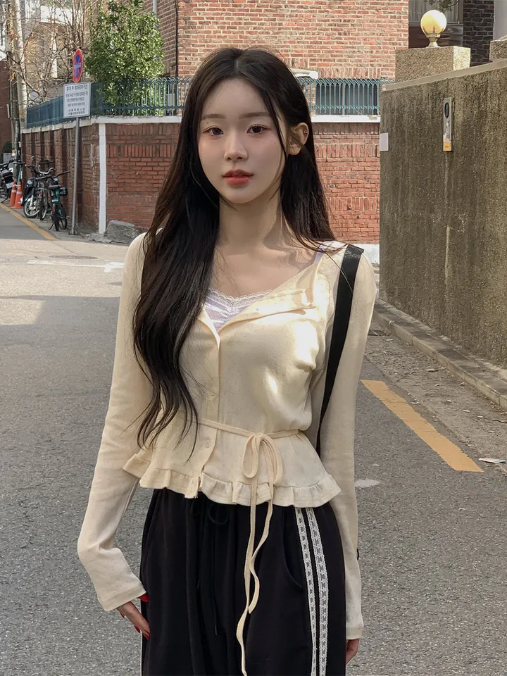 [머플러set/파스텔색감] 아투 라운드넥 펀칭 아일렛 프릴 여리핏 긴팔 가디건 3colors 상세 이미지 4