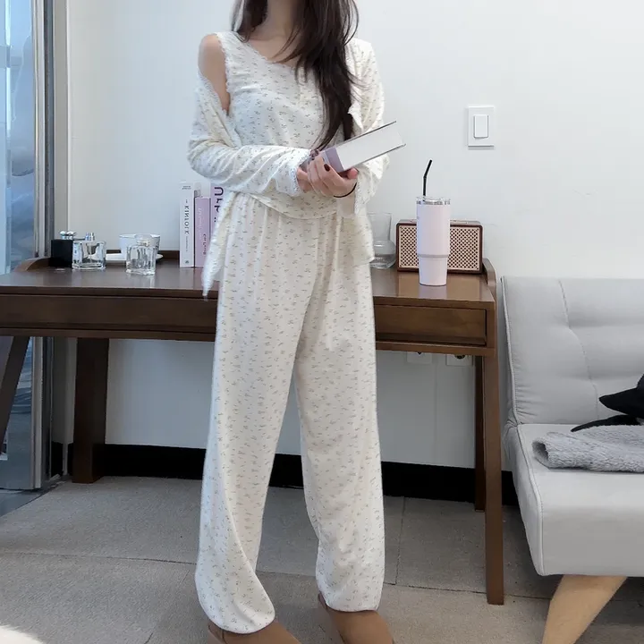 [💌봄할인💌/3피스] 감성 무드 플라워 3피스 가디건 민소매 팬츠 파자마 잠옷 상하 세트 파자마파티 촬영용 잠옷 여리한 여성 잠옷 신혼부부잠옷 #3678 상세 이미지 10