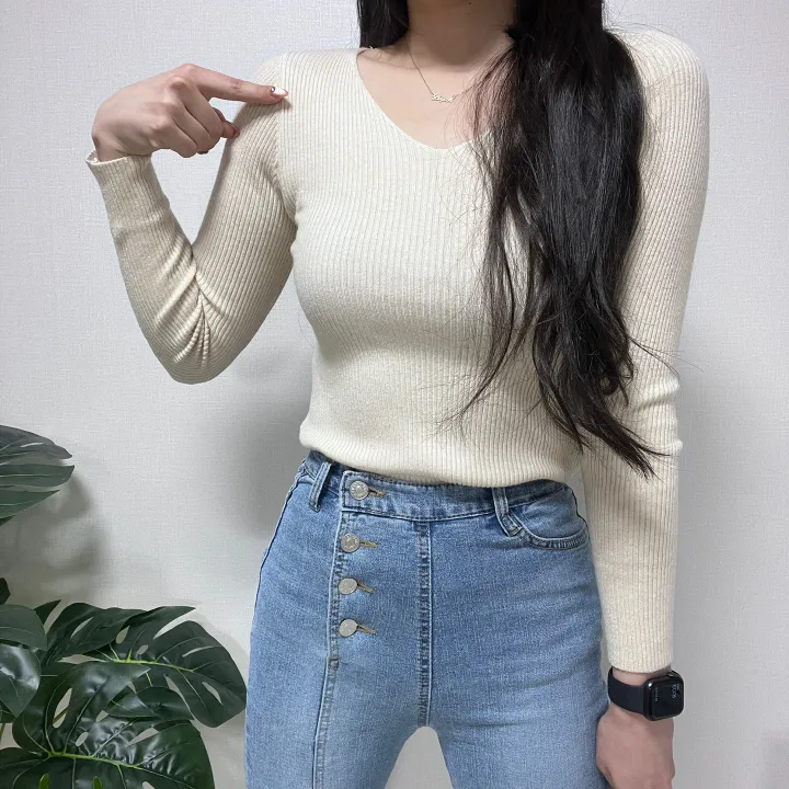 1000장 돌파! 🚀당일발송!🚀✨진짜최저가보장✨ 🎊봄까지 쭉!🎊 주문폭주 🎀리뷰극찬🎀 2개 구매시 묶음할인! 기본 슬림 골지 브이넥 니트 긴팔티 상세 이미지 25