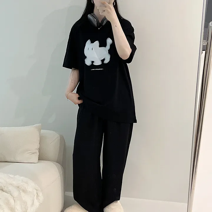 🖤[당일출고/남녀공용]🖤 고양이 캣 빅사이즈 박시핏 루즈핏 오버핏 박시티 반팔 티 티셔츠 여름 면티 커플티 커플룩 커플 커플잠옷 순면 잠옷 파자마 상하세트 체크바지 프리미엄 무 상세 이미지 20