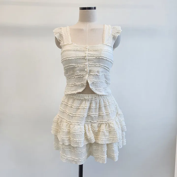 [당일발송] 4Color (캡내장)단추 펀칭 셔링 프릴 뷔스티에 크롭 나시 밴딩 미니 스커트 투피스 세트*2091 상세 이미지 28
