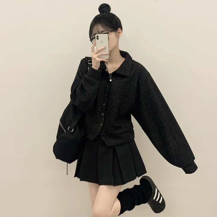 [보들보들🖤/귀여움] 아방핏 카라 스냅 단추 긴팔 세미크롭 벌룬가디건 상세 이미지 12