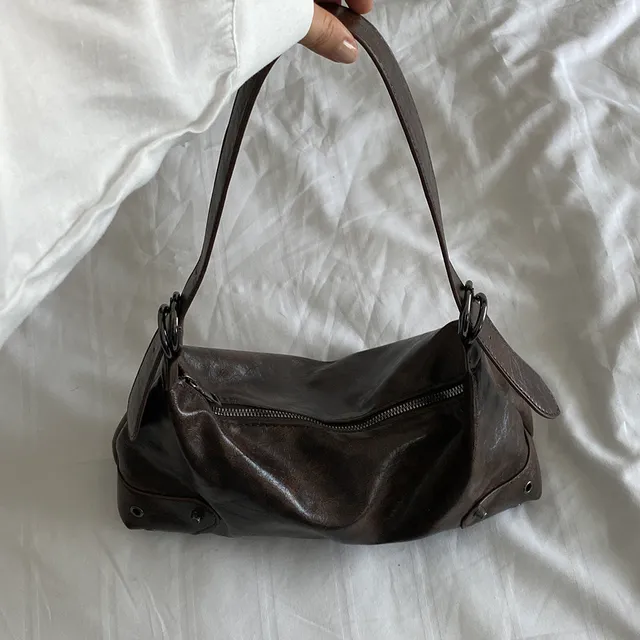 빈티지 브라운 바게트백 vintage brown bagguette bag / 미니숄더백 스퀘어 청키 스터드 호보 투웨이백