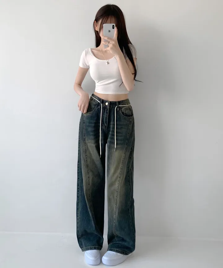 [색감깡패🖤/끈탈부착O] 미드나잇 뒷밴딩 스트링 스트랩 하이웨스트 절개라인 빈티지 워싱 롱 와이드 데님 팬츠 밴딩바지 청바지 사계절청바지 상세 이미지 17