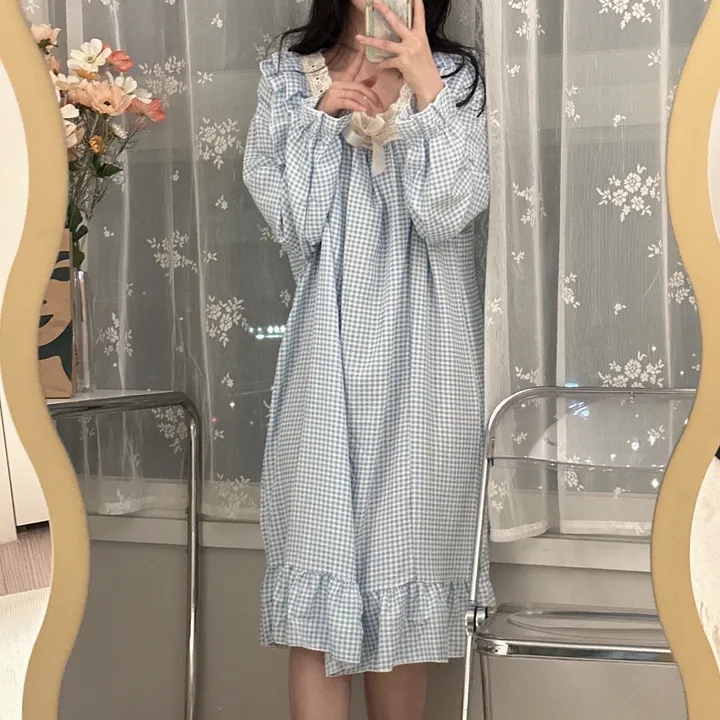 [당일출고/3컬러] 루즈핏 귀여운 스몰 체크 오버핏 긴팔 원피스 파자마 잠옷 상세 이미지 9