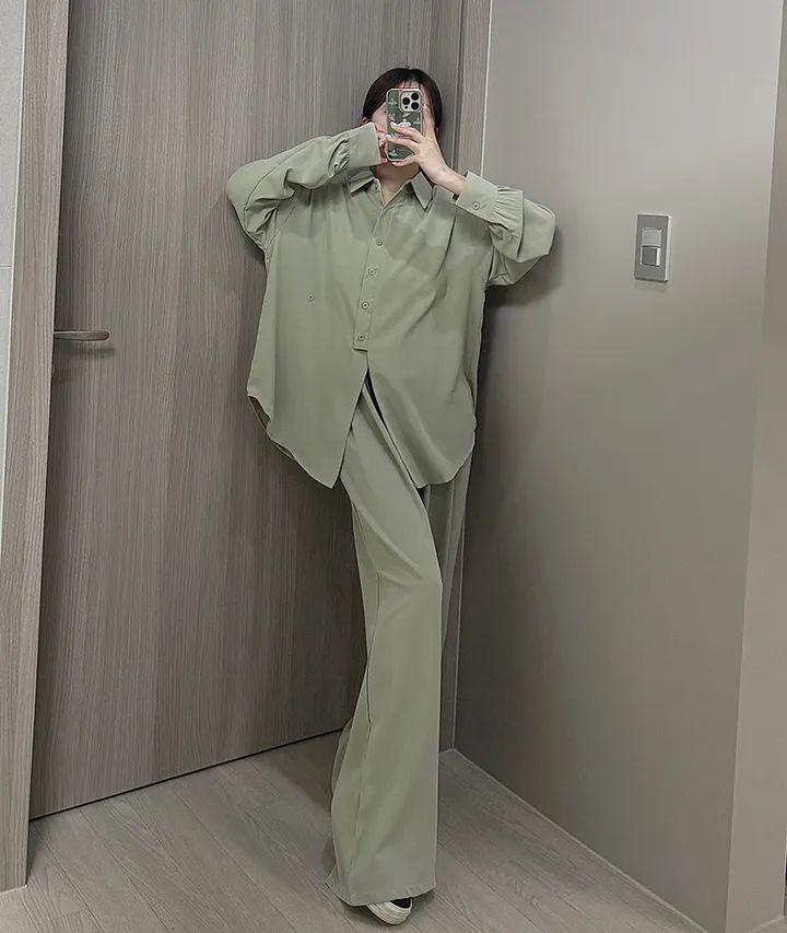 [최저가/부분당일발송🚚]빅사이즈 루즈핏 패치 남방셔츠 스트링 슬랙스 와이드팬츠 투피스세트/44-88/빅사이즈/찰랑/시원한소재/여름신상/뒷밴딩/여름하객룩/휴양지룩/바캉스룩/투웨이 상세 이미지 25