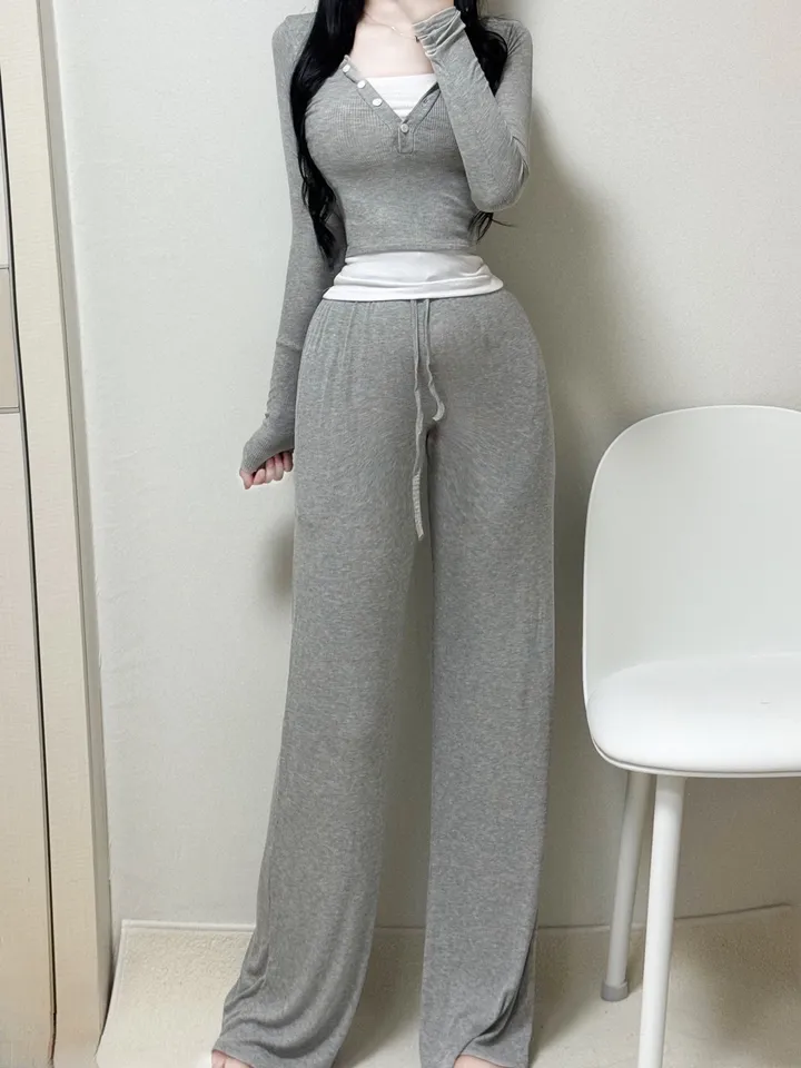 [*1200세트돌파/번따룩*] 반팔 긴팔 기모 버전추가 쫀쫀 스판 딱붙 잔골지 레이어드 또또 단추 크롭 레이어드 배색 긴팔티+하이웨스트 슬림 와이드팬츠 세트 꾸안꾸 데일리 허리잘록 상세 이미지 9