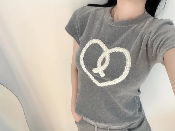 벨로아 피치 진주 하트 레이스 치마바지 투피스 세트 (2color) 상세 이미지 9