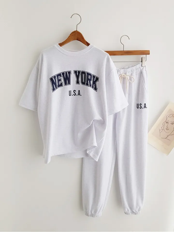 [데일리SET] NEW YORK 프린트 반팔티셔츠 오버핏반팔 밴딩팬츠 조거팬츠 조거바지 트레이닝세트 반팔세트 조거세트 츄리닝세트 이지웨어세트 여름트레이닝복 운동복세트 공항룩 상세 이미지 3