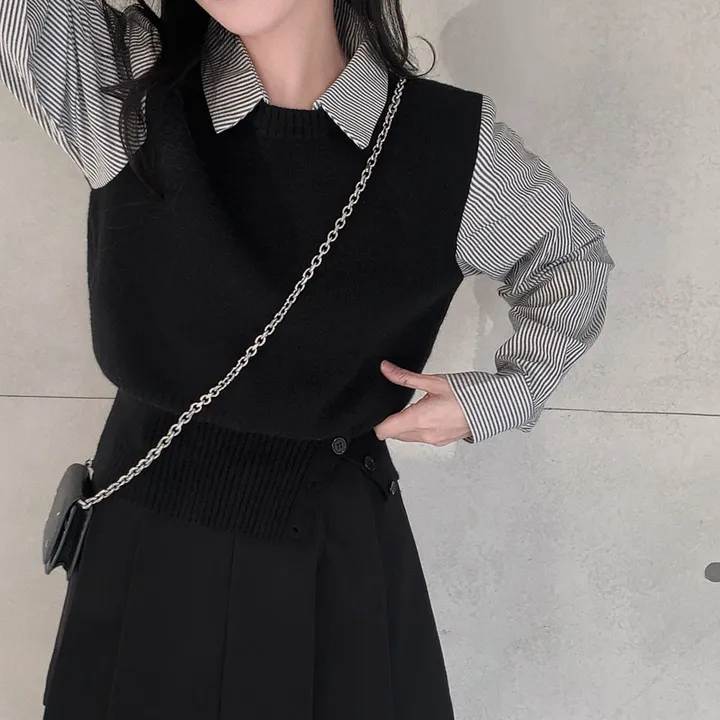 [단독/일체형!/✨주문폭주✨]올인원 쓰리버튼 레이어드 일체형 스트라이프 셔츠+니트조끼 상세 이미지 13