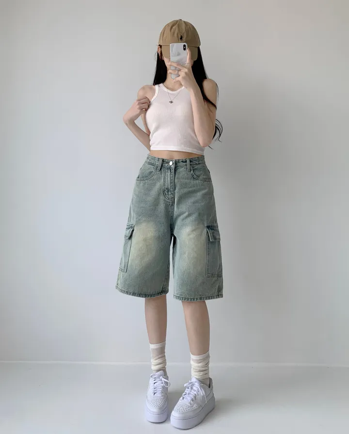 후기극찬![핏보장❤︎/힙무드/~XL] 이브닝 빈티지 힙 워싱 하이웨스트 와이드 카고 하프 버뮤다 5부 청 반바지 데님 팬츠 빅사이즈 상세 이미지 26