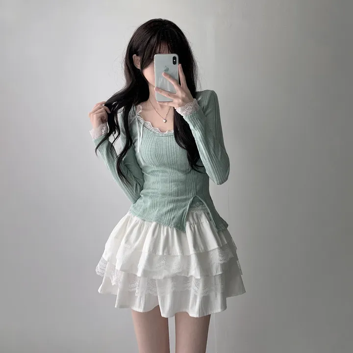 [은은한펄/러블리] 트윙클 골지 슬릿 펄 긴팔 티셔츠+레이스 리본 나시&슈아 밴딩 캉캉 미니 스커트 투피스 쓰리피스 코디세트 단품 세트 상세 이미지 14