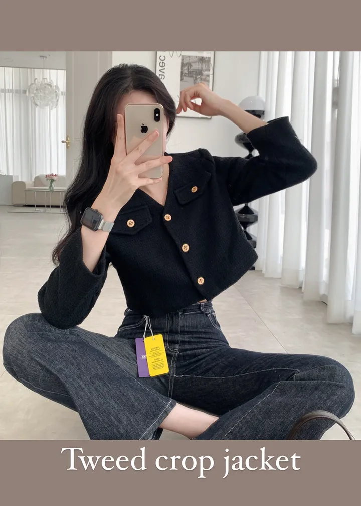 [부분 당일배송🎀1000장돌파!! 리뷰극찬🔥컬러추가!] 트위드 세미 크롭 자켓 노카라 간절기 하객룩 숏자켓 핑크 아이보리 블랙 네이비 - 5colors 상세 이미지 4