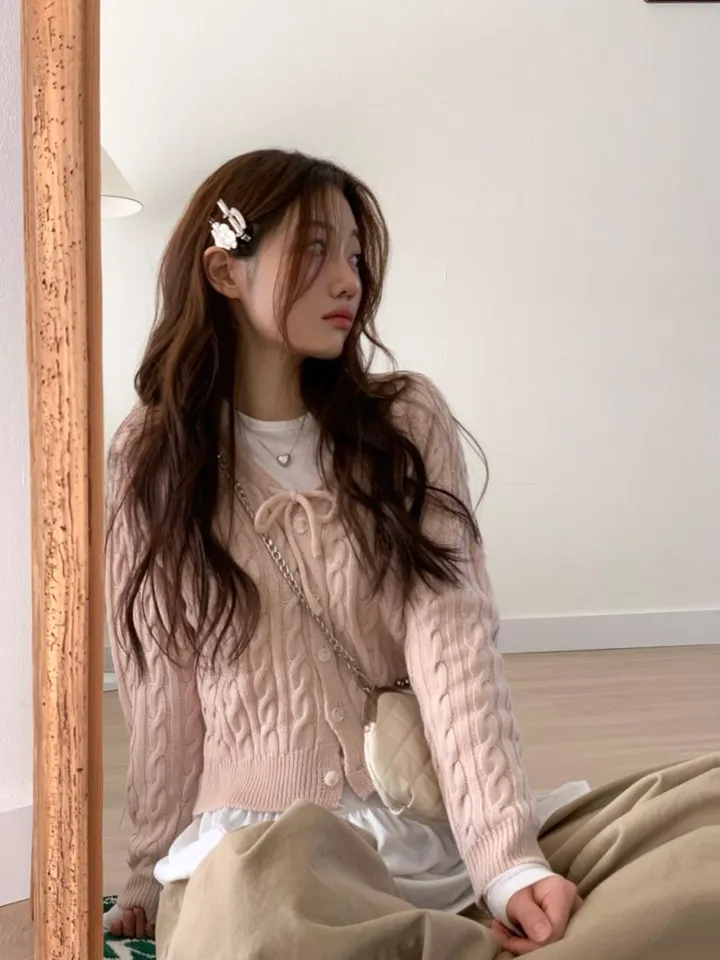 [리본스트랩ෆ]레이플 무드 루즈 여리핏 꽈배기 케이블 니트 리본 가디건 5color 상세 이미지 24