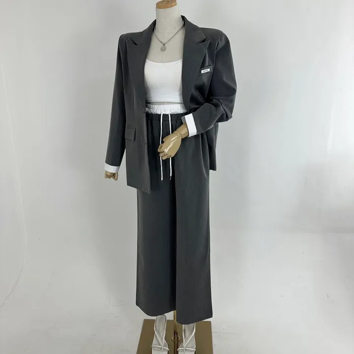 [25SS/*고퀄*/강추코디/하객룩/오피스룩/세트가격💕] 루즈핏 소매 레이어드 배색 미니패치 패드 베이직 자켓 + 하이 배색 밴딩 롱 슬랙스 와이드 팬츠 SET셋업(3COLOR) 상세 이미지 26