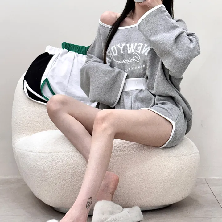 [여름까지/여리루즈핏] 밴티 나염 배색 라인 입술넥 오버핏 긴팔 티셔츠+밴딩 하이웨스트 돌핀 숏팬츠 투피스 트레이닝 세트 3color 상세 이미지 14