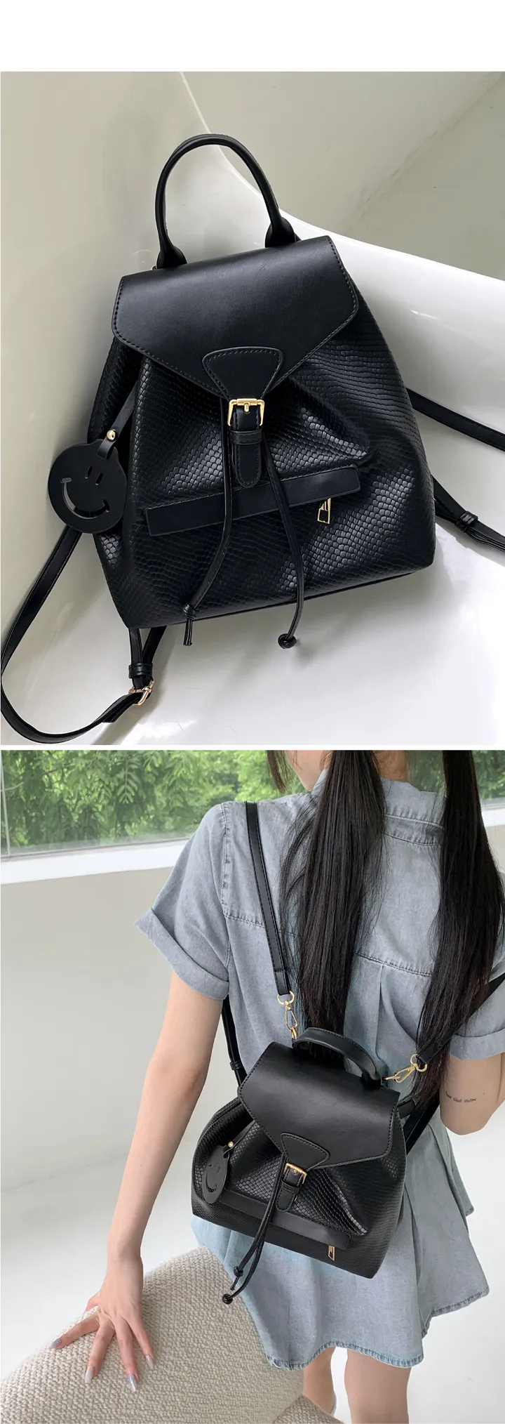 루트 스마일 버클 미니 가죽 버킷 백팩 상세 이미지 1