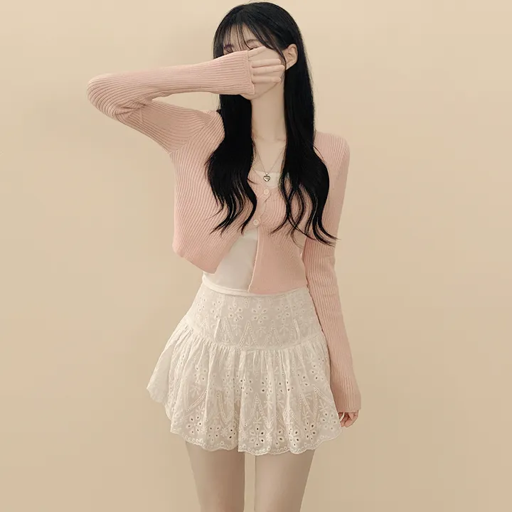 [벚꽃룩🌸/여리색감] 파스텔 크롭 슬림핏 트임 봄여름 니트가디건 딸기우유 핑크 소라 러블리힙 상세 이미지 4