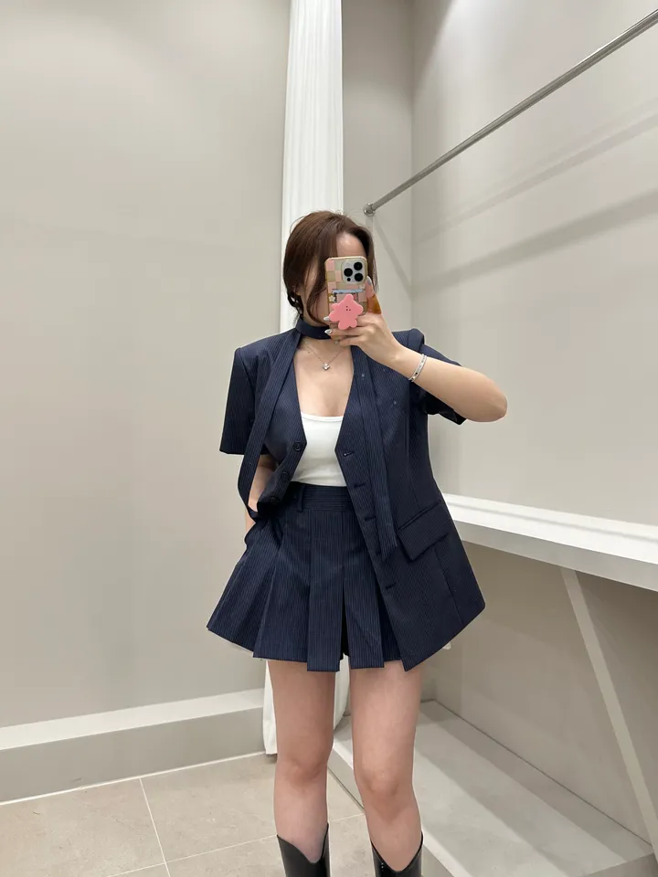 (프리미엄,하객룩)스트라이프 노카라 자켓+플리츠 치마바지세트 상세 이미지 22