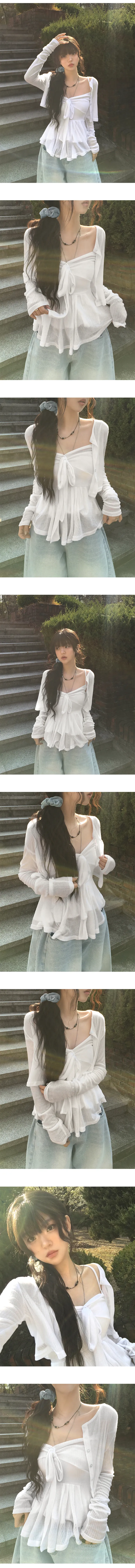 [세트/인생샷템🖤] 포엠 여리루즈 리본 발레코어 차르르 셔링 살안타템 나시탑 가디건 세트 onecolor 상세 이미지 4