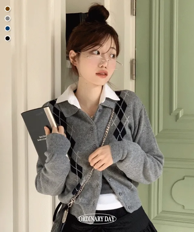 [캐시미어가디건ෆ잘록핏]르본 배색 아가일 패턴 잘록 시보리 카라넥 캐시미어 울니트 버튼 가디건 4color 상세 이미지 7