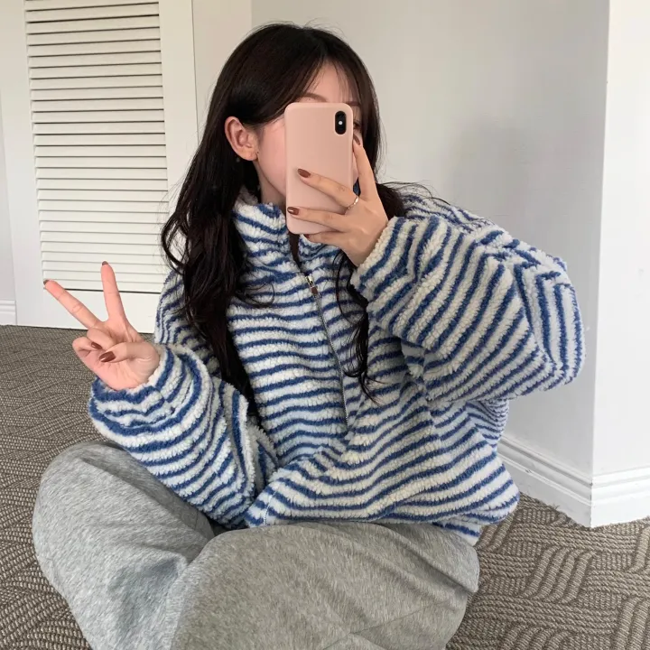 [☁뽀글후리스/투웨이] 뽀글 스트라이프 단가라 오버핏 후리스 / 스트라이프 점퍼 / 겨울 뽀글이 후리스 상세 이미지 15