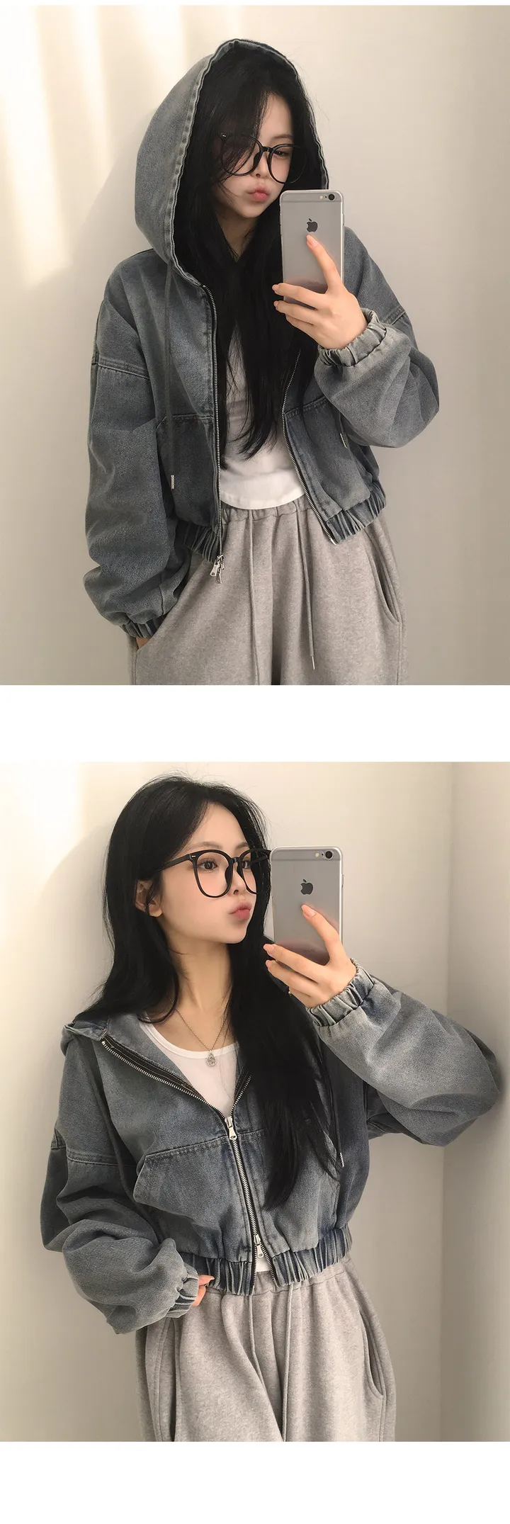 [꾸안꾸/귀여움보장] 러블리 아방핏, 투웨이 루즈핏 후드 포켓 크롭 데님자켓 점퍼 (3color) 상세 이미지 3