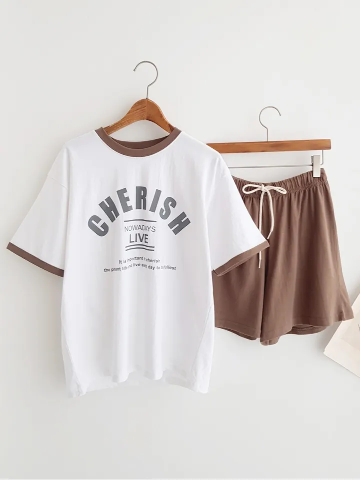 [데일리SET] 꾸안꾸 배색 포인트 레터링 프린트 반팔 티셔츠 밴딩 반바지 여름홈웨어 파자마세트 여름추리닝 트레이닝세트 여름휴가 바캉스룩 물놀이패션 휴양지룩 동남아여행룩 상세 이미지 11