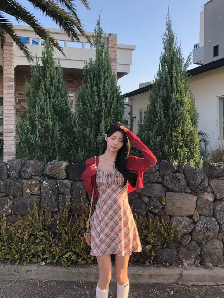 [세트가격❤️/예쁨보장!] 린넨 체크 셔링 리본 플레어 a라인 볼레로 크롭 가디건 원피스 투피스 세트;3color <여행룩/길이오절/핏존예!> 상세 이미지 18