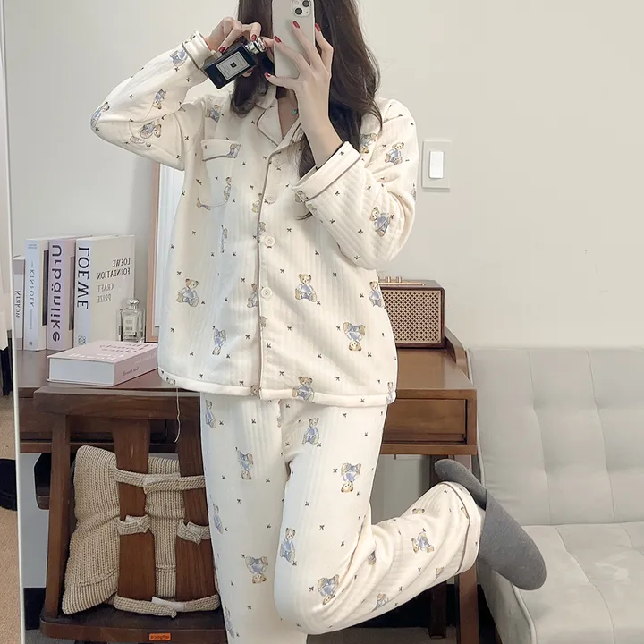 [New레이스 누빔] 귀여워 베이비 곰돌이 누빔 베이지 아이보리 테디베어 포켓 셔츠 겨울 긴팔 파자마 잠옷 세트 #B.Night #3049 상세 이미지 15