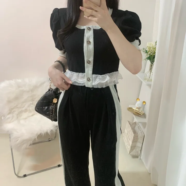 [세트/핏대박*.*] 세렌디 퍼프 스퀘어넥 반팔 크롭 배색 레이스 가디건 + 밴딩 롱 핀턱 와이드 팬츠 투피스 세트 2color 상세 이미지 28