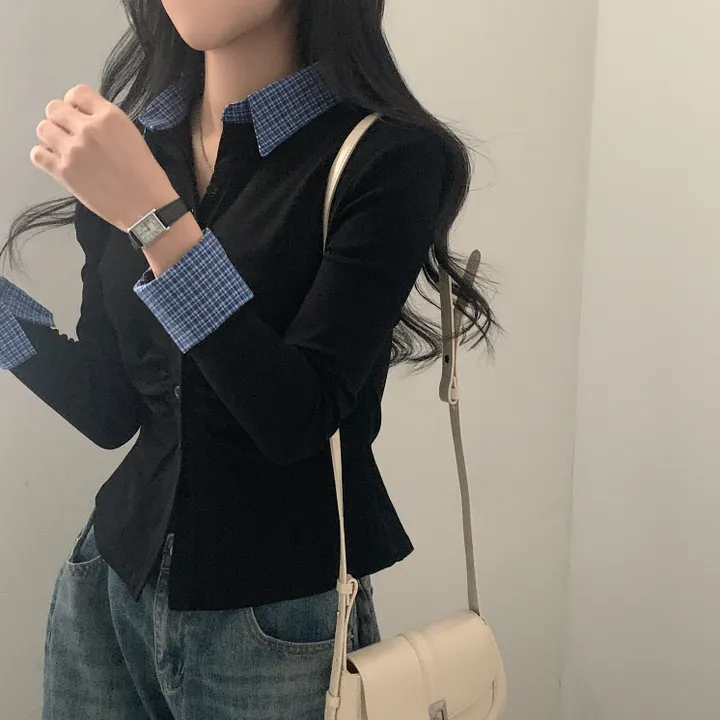 [일체형!/말라핏] 레이디 체크 셔링 레이어드 롱슬리브 버튼 긴팔티셔츠 - 4color 상세 이미지 25