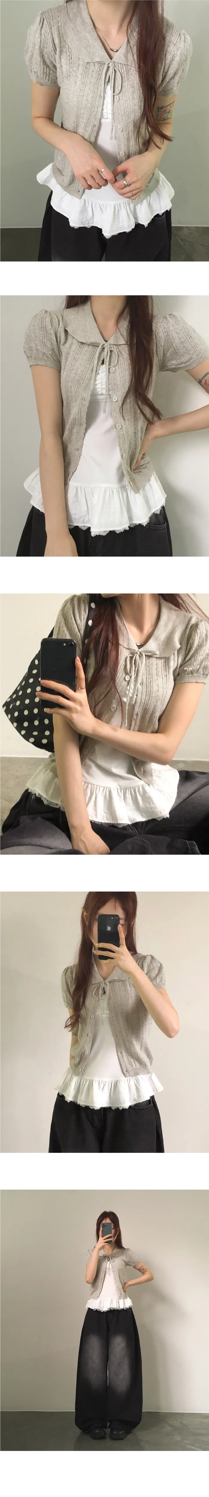 [러블리🧸] 보딩 펀칭 아일렛 리본 타이 카라 반팔 니트 가디건 상세 이미지 6