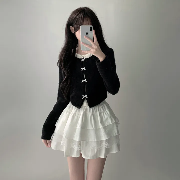 *봄가을ver추가* [코디세트/완전귀여운!] 뮤즈 보들 리본 트임 홀터넥 나시 레이어드 일체형 니트 + 슈아 밴딩 골지 레이스 캉캉 스커트 투피스 세트 상세 이미지 14