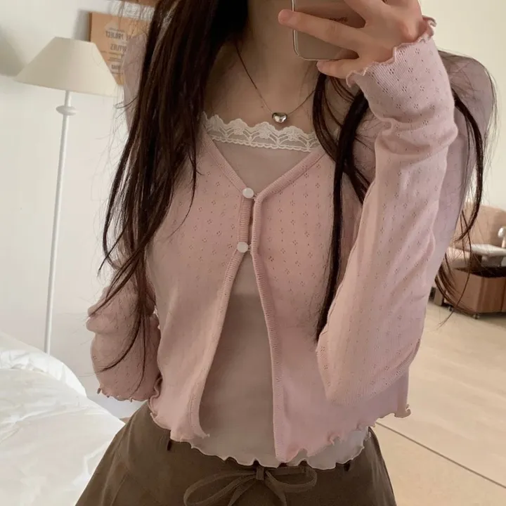 레이블 물결 여리핏 플라워 펀칭 브이넥 롱슬리브 버튼 가디건 3color 상세 이미지 29
