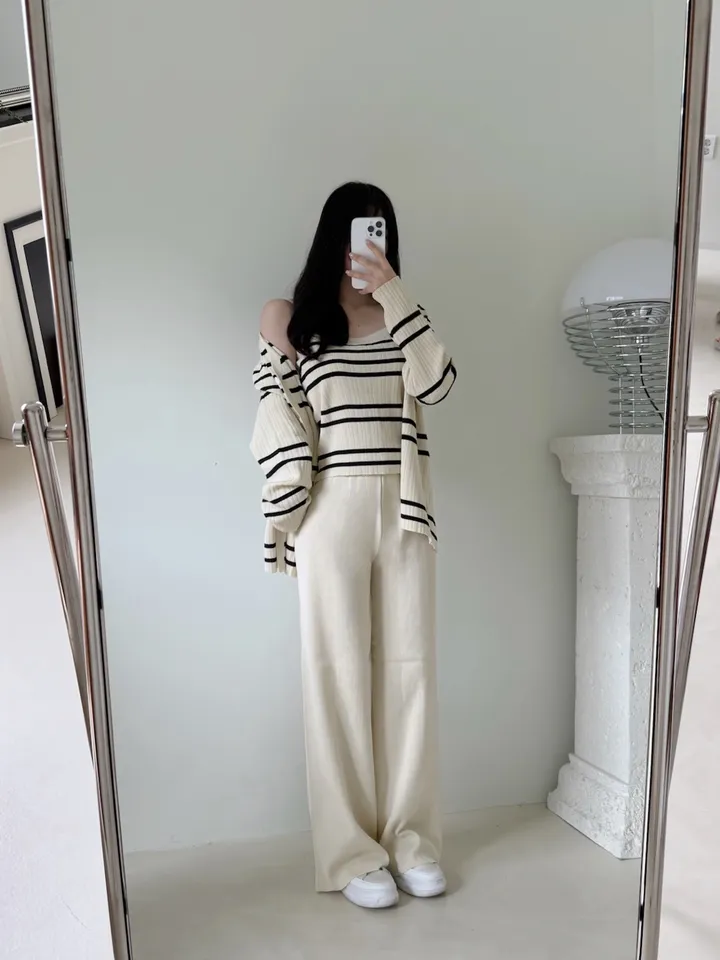 [3pcs]솔라 골지 단가라 스트라이프 쓰리피스 set (나시 가디건 밴딩 와이드 롱 팬츠 세트 데일리 꾸안꾸 코디 투피스 트레이닝 니트) 상세 이미지 2