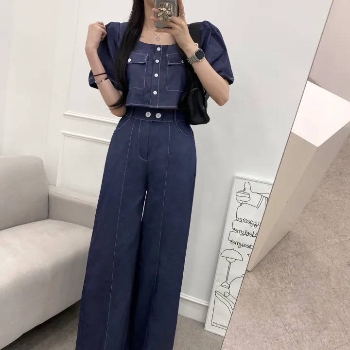 [SET!]데님 스티치 스퀘어넥 크롭 퍼프 자켓 롱 와이드 팬츠 투피스 세트 1color 상세 이미지 3