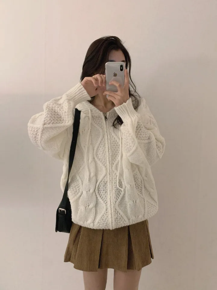 오버핏 데일리 꽈배기 울 후드 니트 집업 가디건 상세 이미지 3