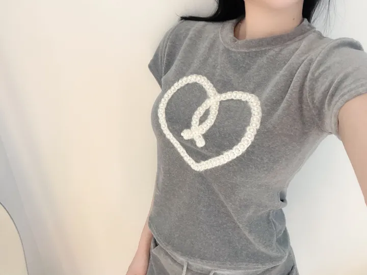 벨로아 피치 진주 하트 레이스 치마바지 투피스 세트 (2color) 상세 이미지 7