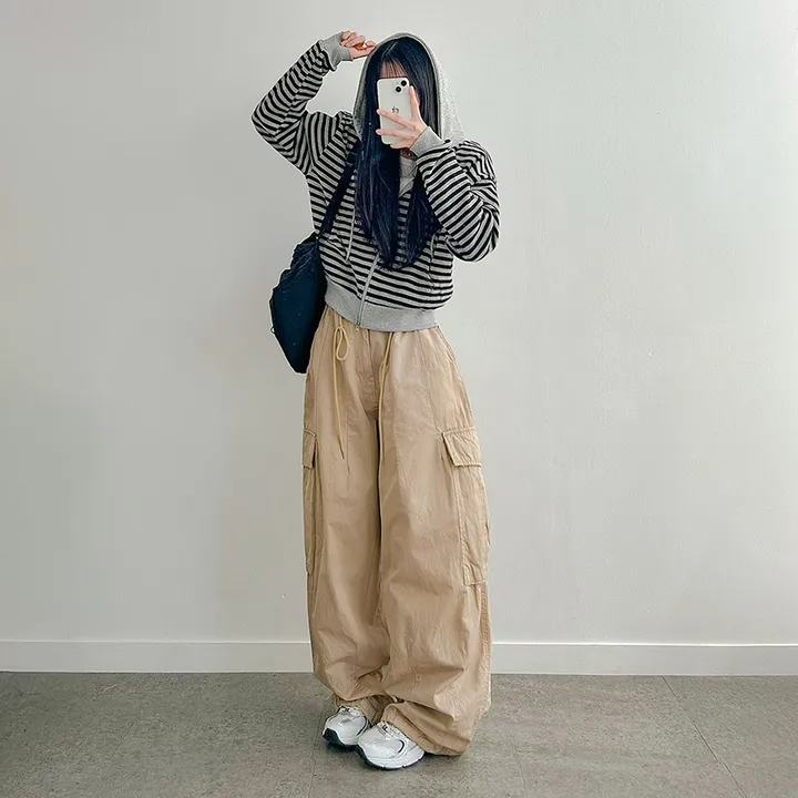 [캐주얼힙/투웨이] 스트라이프 단가라 배색 투웨이 지퍼 세미크롭 얇은 후드 집업 점퍼 봄 가을 간절기 아우터 모즈잔줄배색후드집업 상세 이미지 6