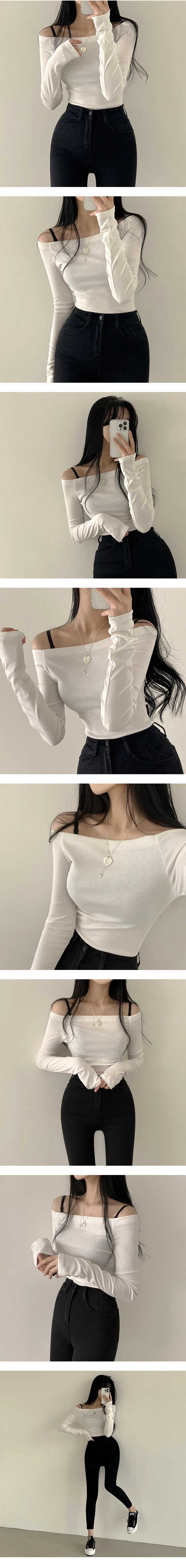[손등덮는/여리여리~] 여성스러움 듬뿍, 오프숄더 슬림핏 긴팔티셔츠 (3color) 상세 이미지 2