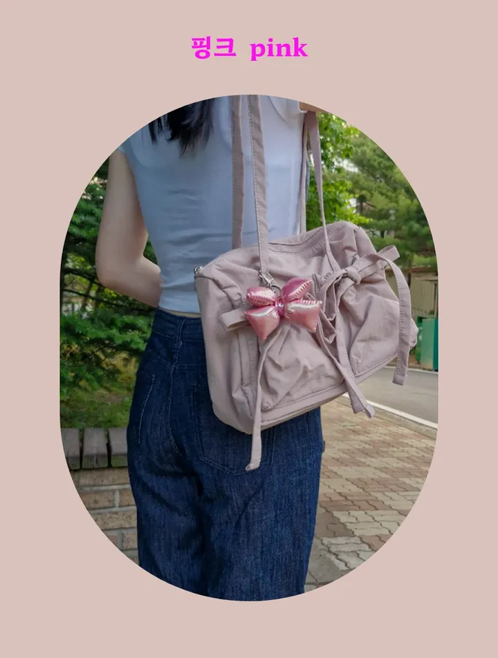 키링선물 여행룩 리본가방 출근가방 발레코어 나일론숄더백 투포켓  나일론에코백 패션가방 가벼운가방 상세 이미지 11