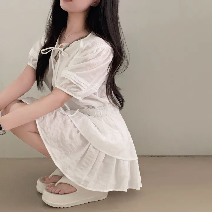 [세트가격!✨/기획특가]러블리함과 여리함을 모두 챙긴,시드니 투웨이 반팔 블라우스 + 캉캉 밴딩 미니스커트 SET 상세 이미지 12