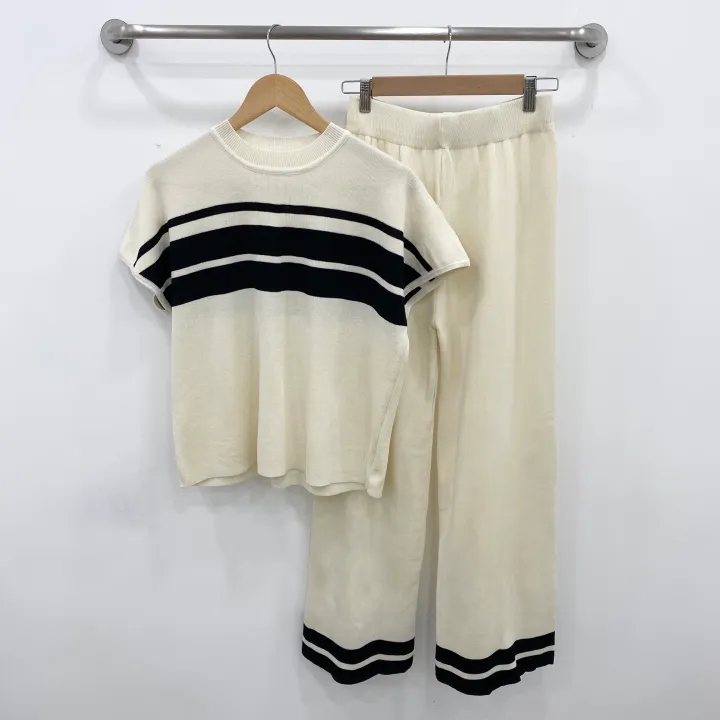 [set/1탄!]배색 니트 반팔 롱 와이드 팬츠 투피스 트레이닝 세트 2color 상세 이미지 16