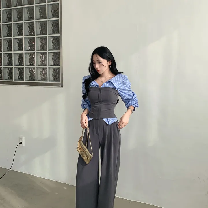 [ SET추천 / 시크페미닌 ] 제이 지퍼 스모크밴딩 크롭 탑 + 슬랙스 투피스 세트 별도구매 오피스룩 하객룩 상세 이미지 3
