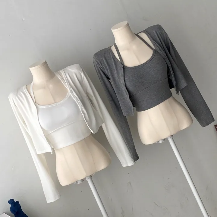[후기극찬!/홀터나시+가디건set] 브이넥 무지 투피스 캡 크롭 홀터넥 민소매 세트 긴팔 가디건 상세 이미지 3