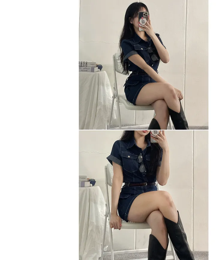 [남방+스커트 SET] 스킬 데님 반팔 남방 셔츠 + 데님 카고 스커트 투피스 세트 (단품or세트구매/2color) 상세 이미지 28