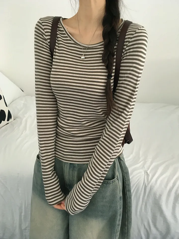 [슬림핏!/간절기,봄필수! 잔단가라 라운드넥 단가라티셔츠 긴팔티셔츠 이너티 기본티] 엘리슬림핏단가라긴팔T 상세 이미지 8