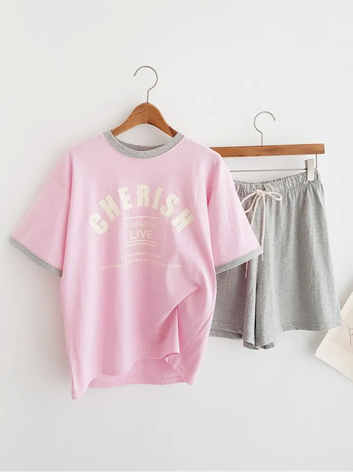 [데일리SET] 꾸안꾸 배색 포인트 레터링 프린트 반팔 티셔츠 밴딩 반바지 여름홈웨어 파자마세트 여름추리닝 트레이닝세트 여름휴가 바캉스룩 물놀이패션 휴양지룩 동남아여행룩 상세 이미지 10