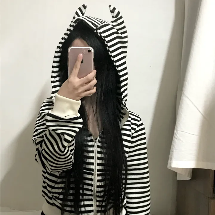cat devil stripes hood zip up 고양이 뿔 스트라이프 후드집업 상세 이미지 3